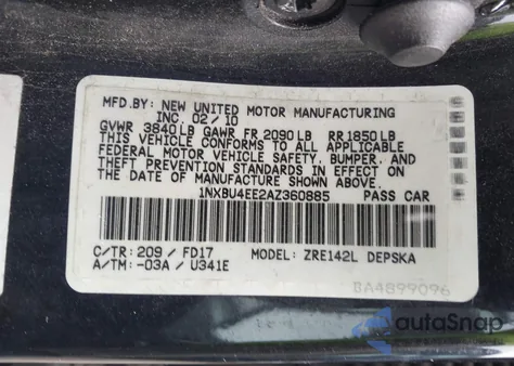 2010 Toyota Corolla S from USA, damaged, VIN 1NXBU4EE2AZ360885